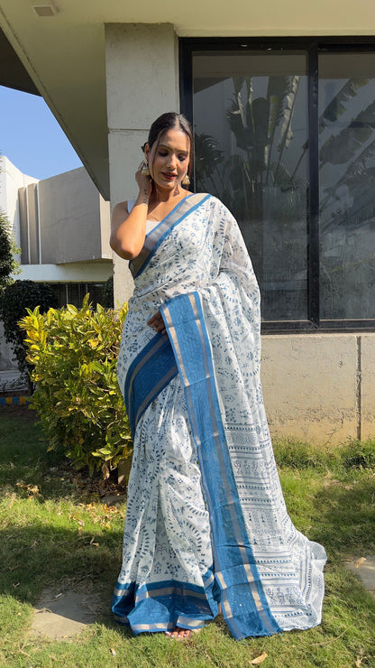 1 MIN Ready To Wear Blue White Kalamkari Saree