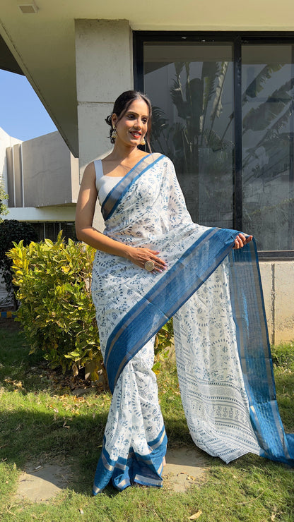 1 MIN Ready To Wear Blue White Kalamkari Saree