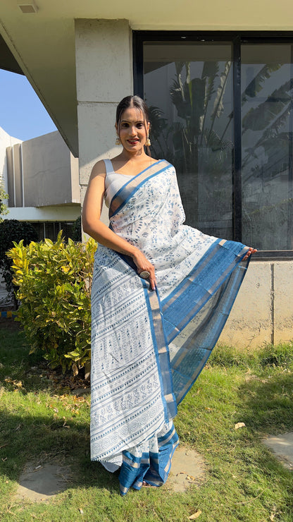 1 MIN Ready To Wear Blue White Kalamkari Saree