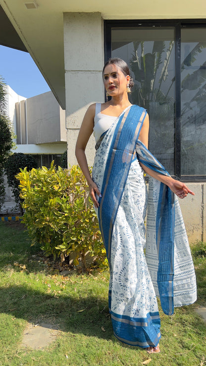 1 MIN Ready To Wear Blue White Kalamkari Saree