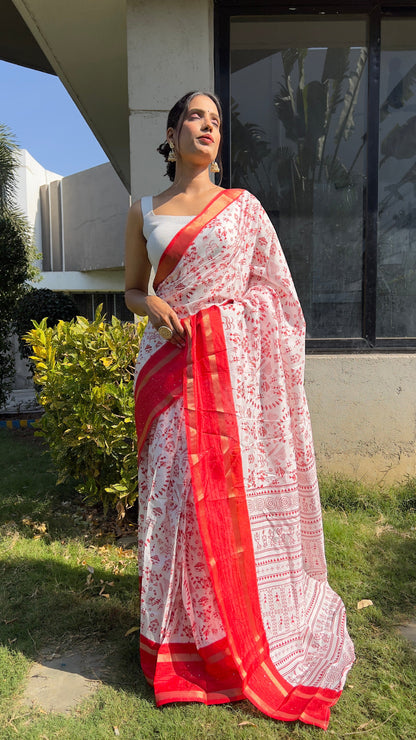 1 MIN Ready To Wear Red White Kalamkari Saree