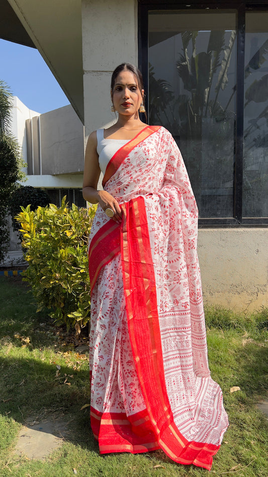 1 MIN Ready To Wear Red White Kalamkari Saree