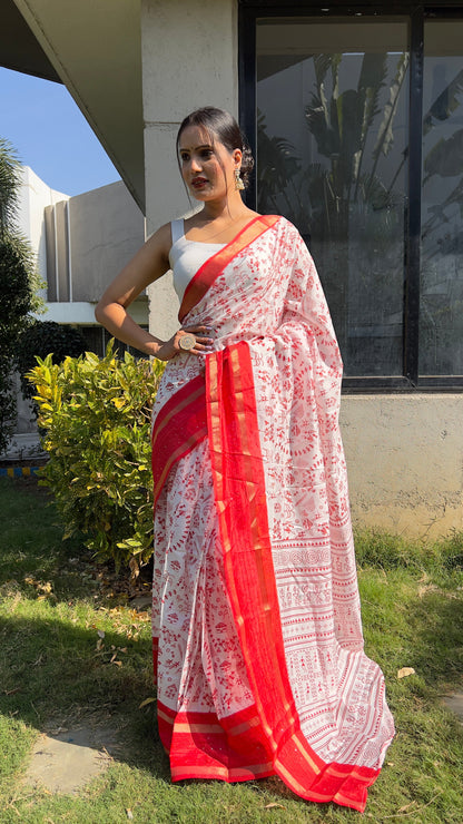 1 MIN Ready To Wear Red White Kalamkari Saree