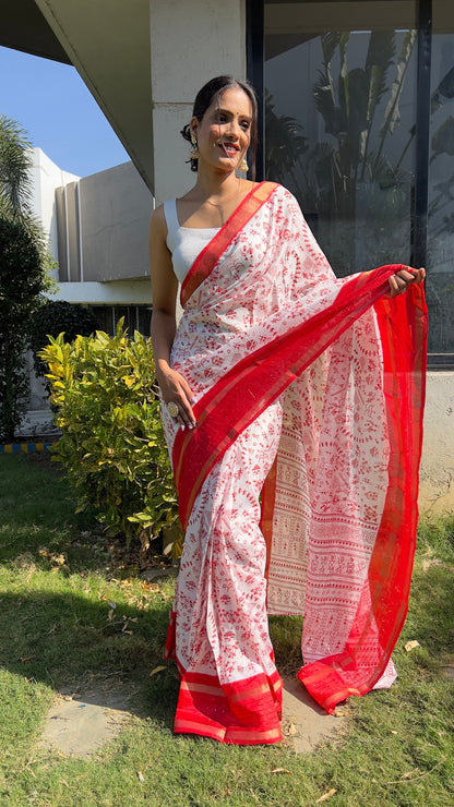 1 MIN Ready To Wear Red White Kalamkari Saree