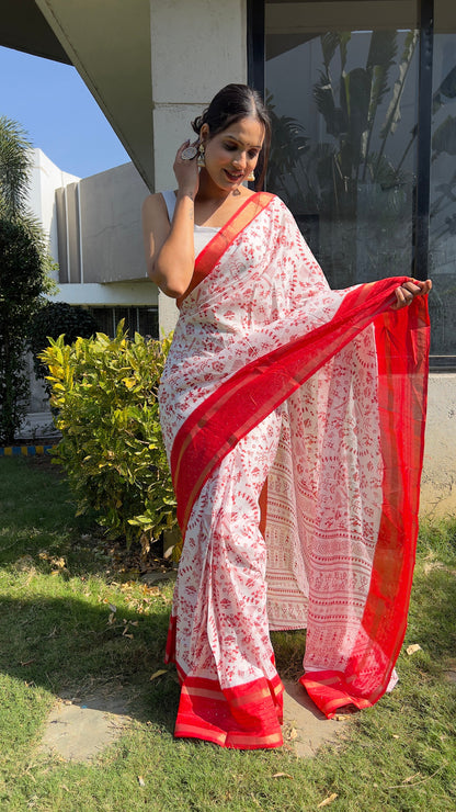 1 MIN Ready To Wear Red White Kalamkari Saree