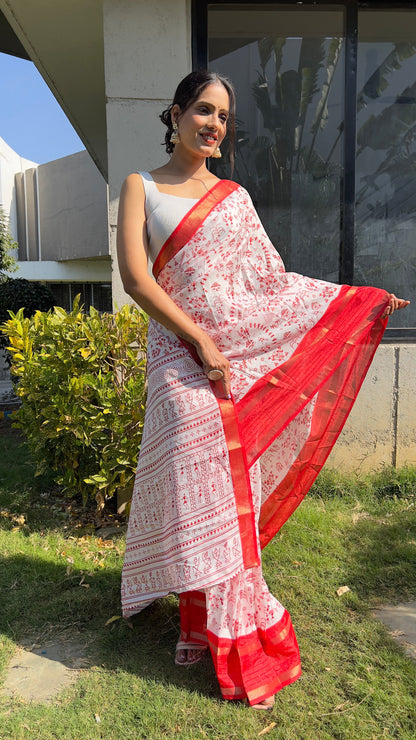 1 MIN Ready To Wear Red White Kalamkari Saree