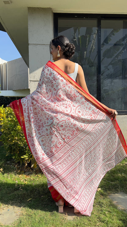 1 MIN Ready To Wear Red White Kalamkari Saree