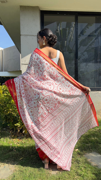 1 MIN Ready To Wear Red White Kalamkari Saree