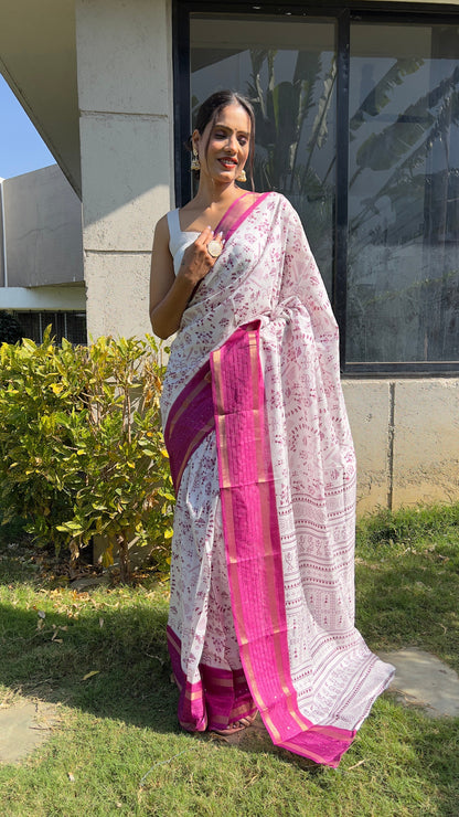 1 MIN Ready To Wear Pink White Kalamkari Saree