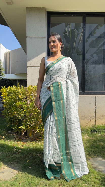 1 MIN Ready To Wear Green White Kalamkari Saree