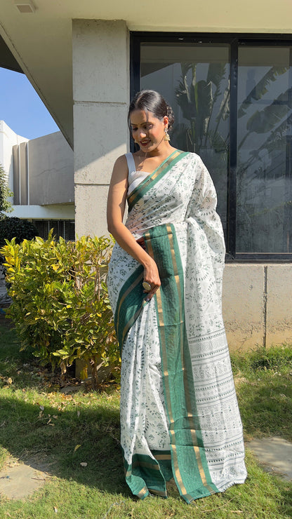 1 MIN Ready To Wear Green White Kalamkari Saree