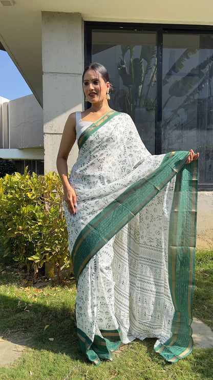 1 MIN Ready To Wear Green White Kalamkari Saree