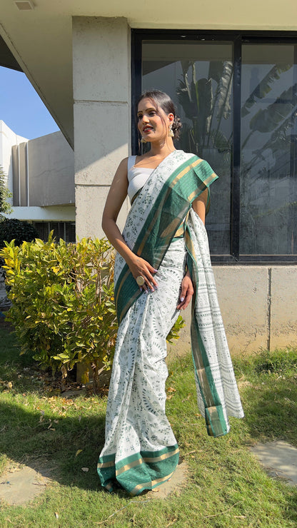 1 MIN Ready To Wear Green White Kalamkari Saree