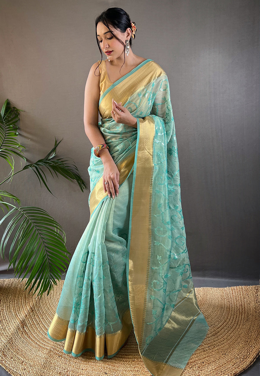 Blue Hazel Tissue Silk Sequins Embroidered Designer Saree