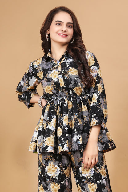 LEEWA BLACK FLORAL COTTON CO-ORD SET