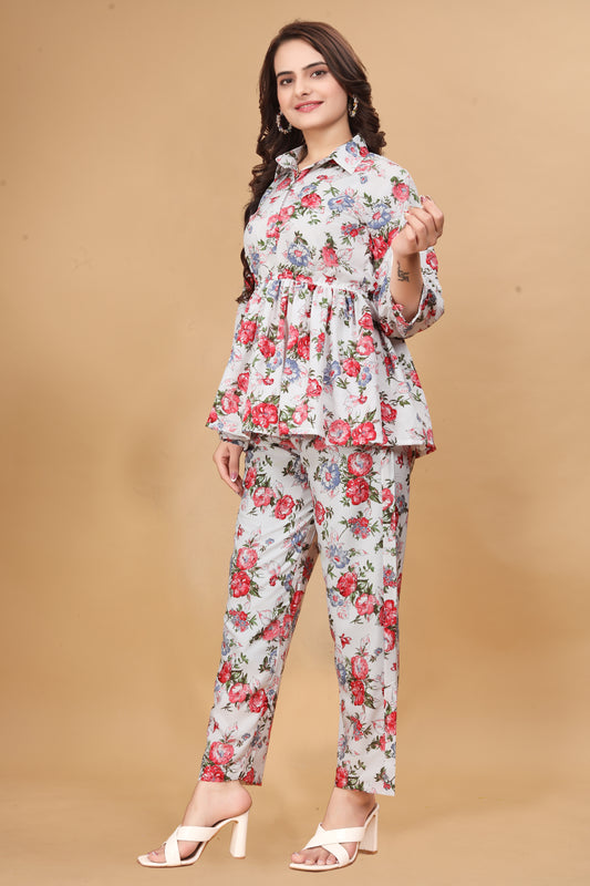 LEEWA WHITE FLORAL COTTON CO-ORD SET