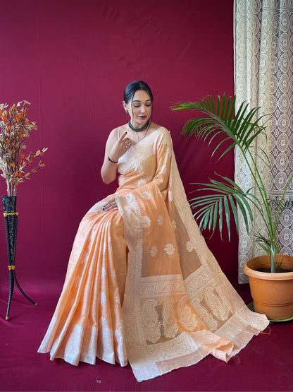 1 MIN Ready to wear saree in Orange Lucknowi Saree- Upsana