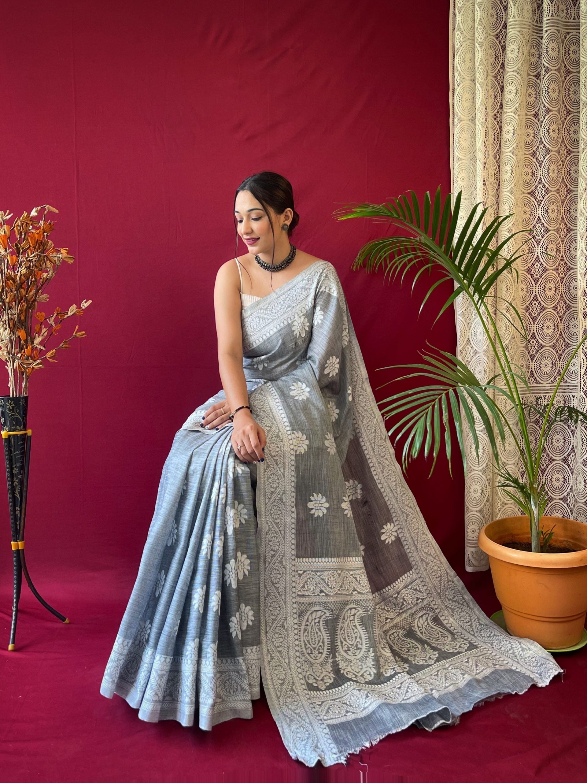 1 MIN Ready to wear saree in Grey Lucknowi Saree- Upsana