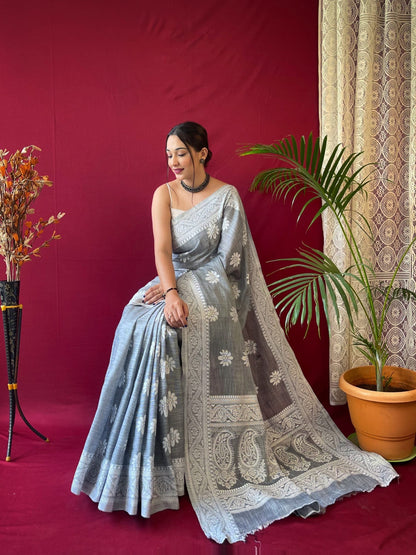 1 MIN Ready to wear saree in Grey Lucknowi Saree- Upsana