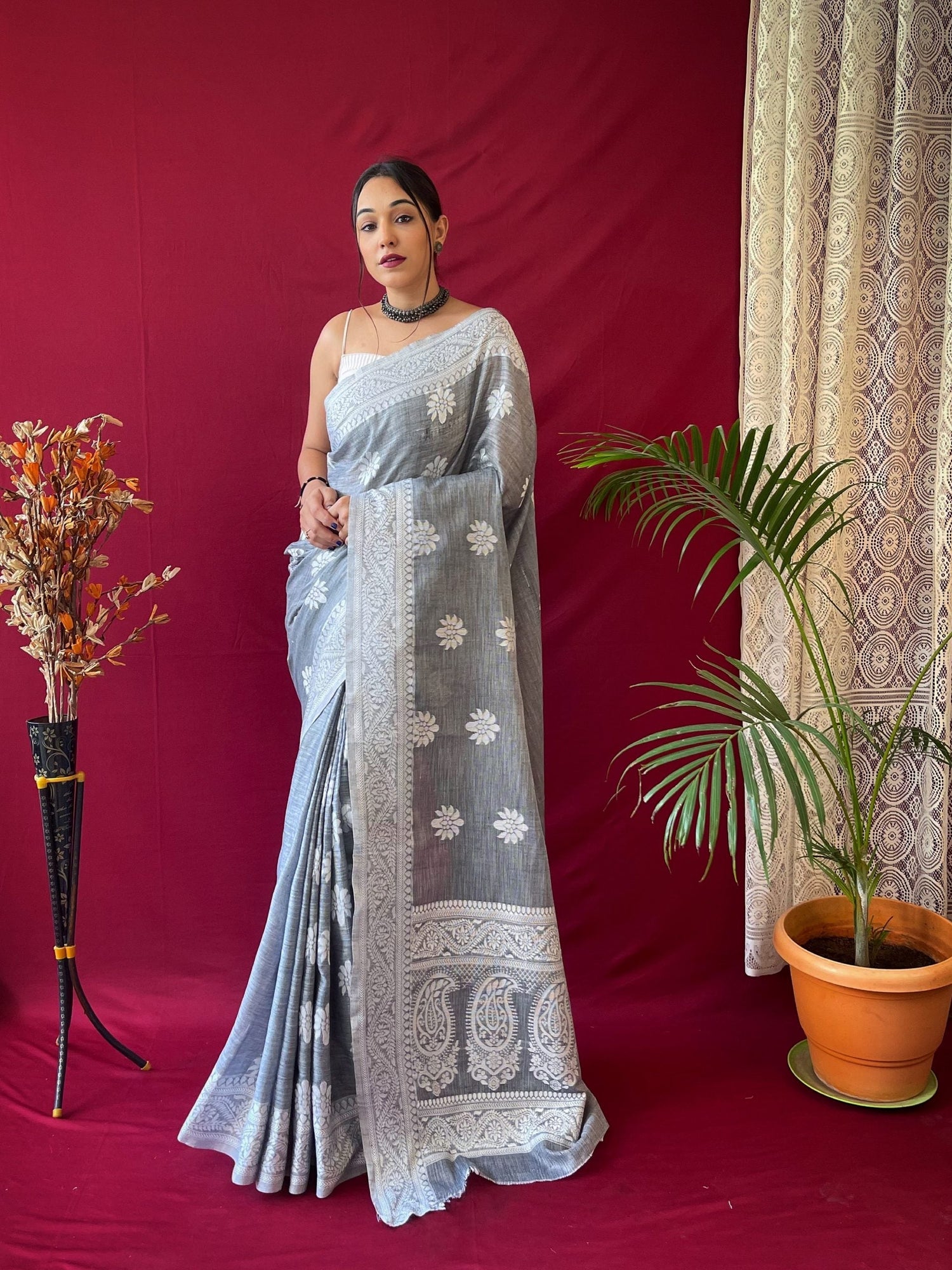 1 MIN Ready to wear saree in Grey Lucknowi Saree- Upsana