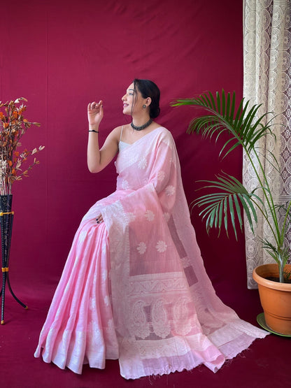 1 MIN Ready to wear saree in Baby Pink Lucknowi Saree- Upsana