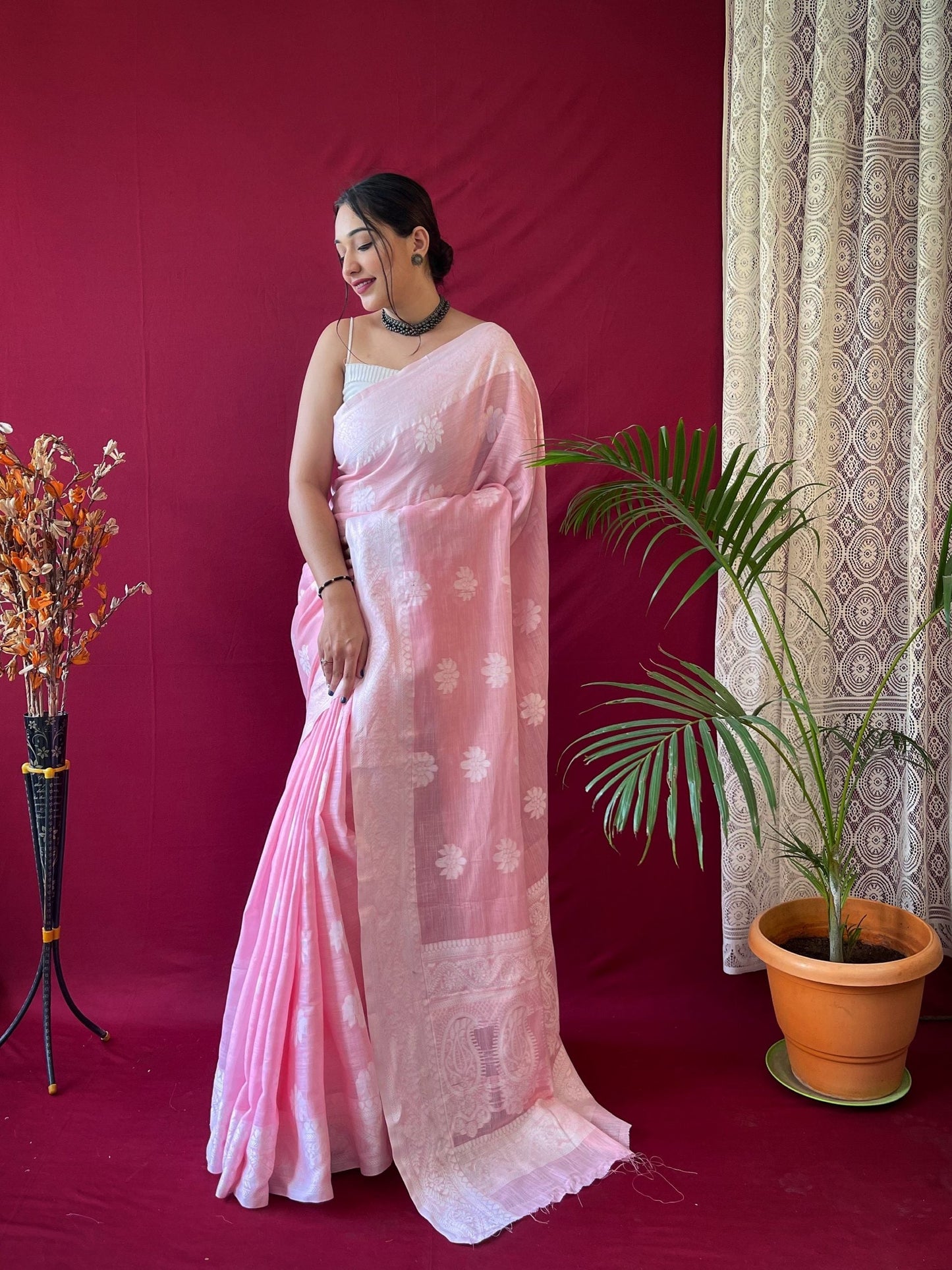 1 MIN Ready to wear saree in Baby Pink Lucknowi Saree- Upsana