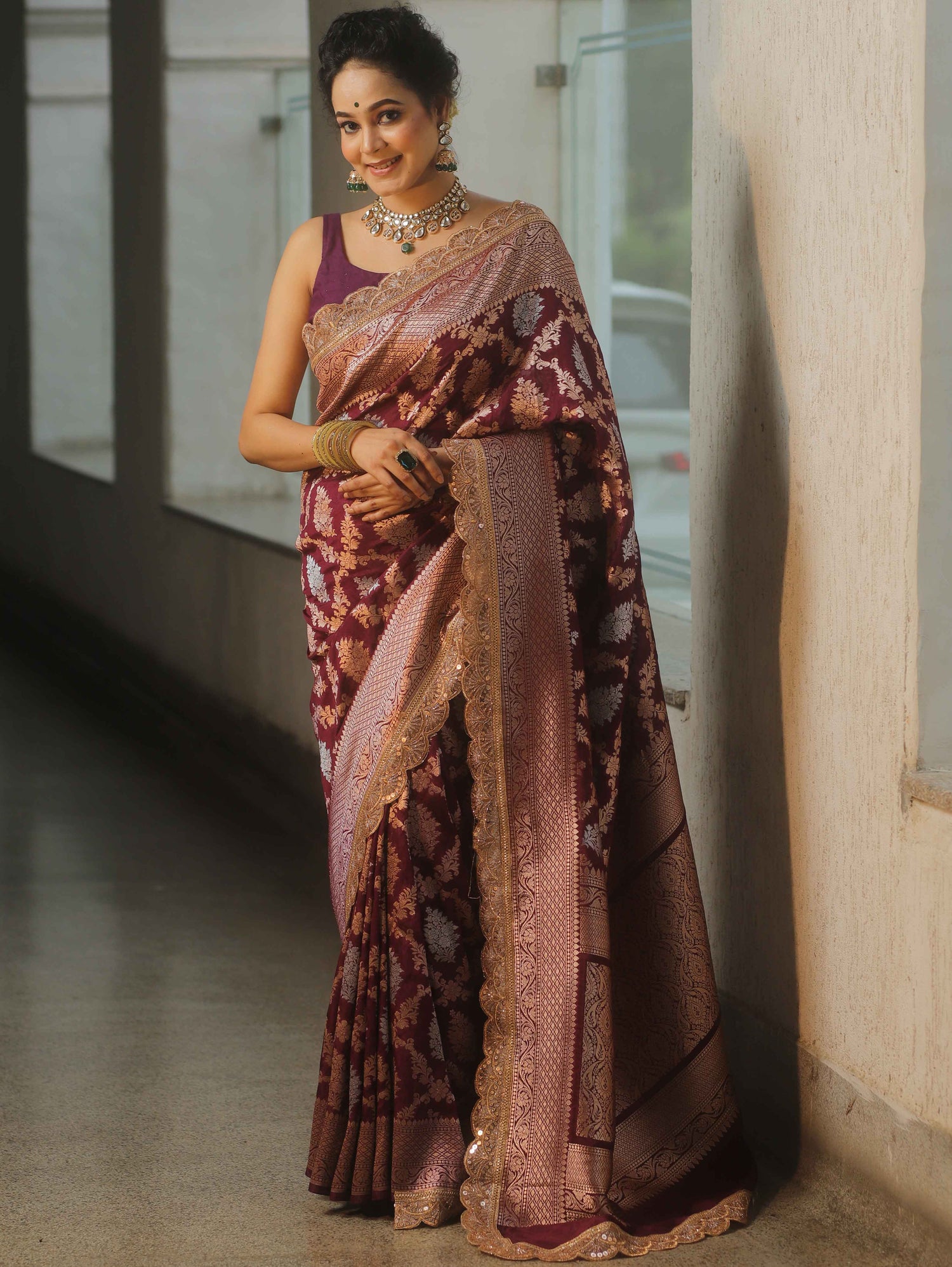 Aubergine Dots - Banarasi Silk Saree