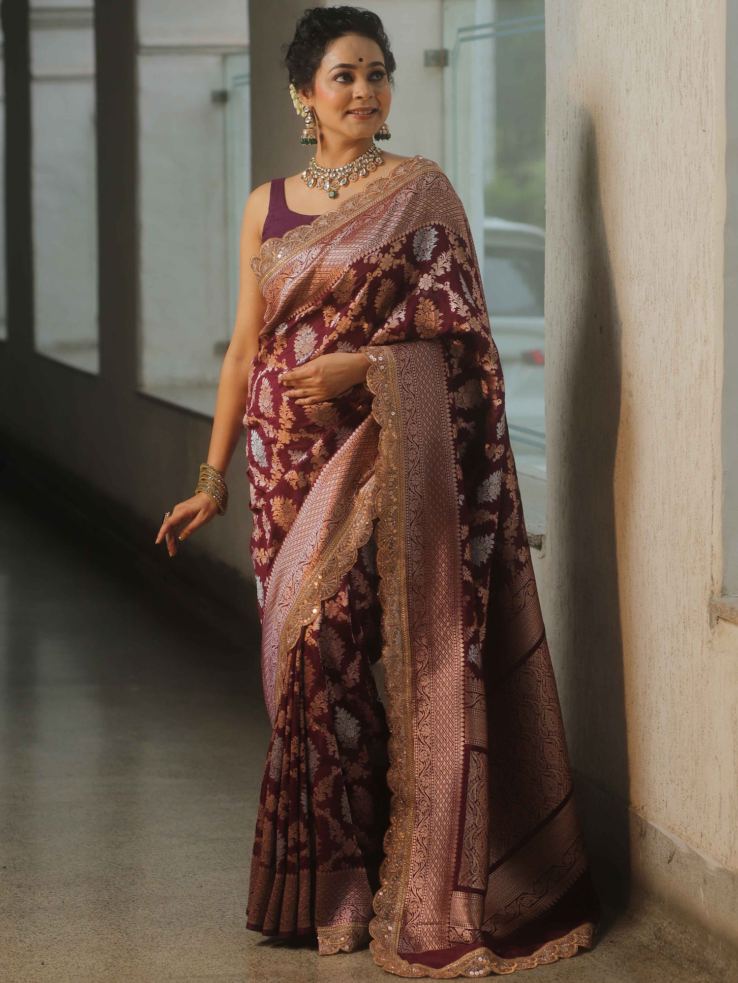 Aubergine Dots - Banarasi Silk Saree