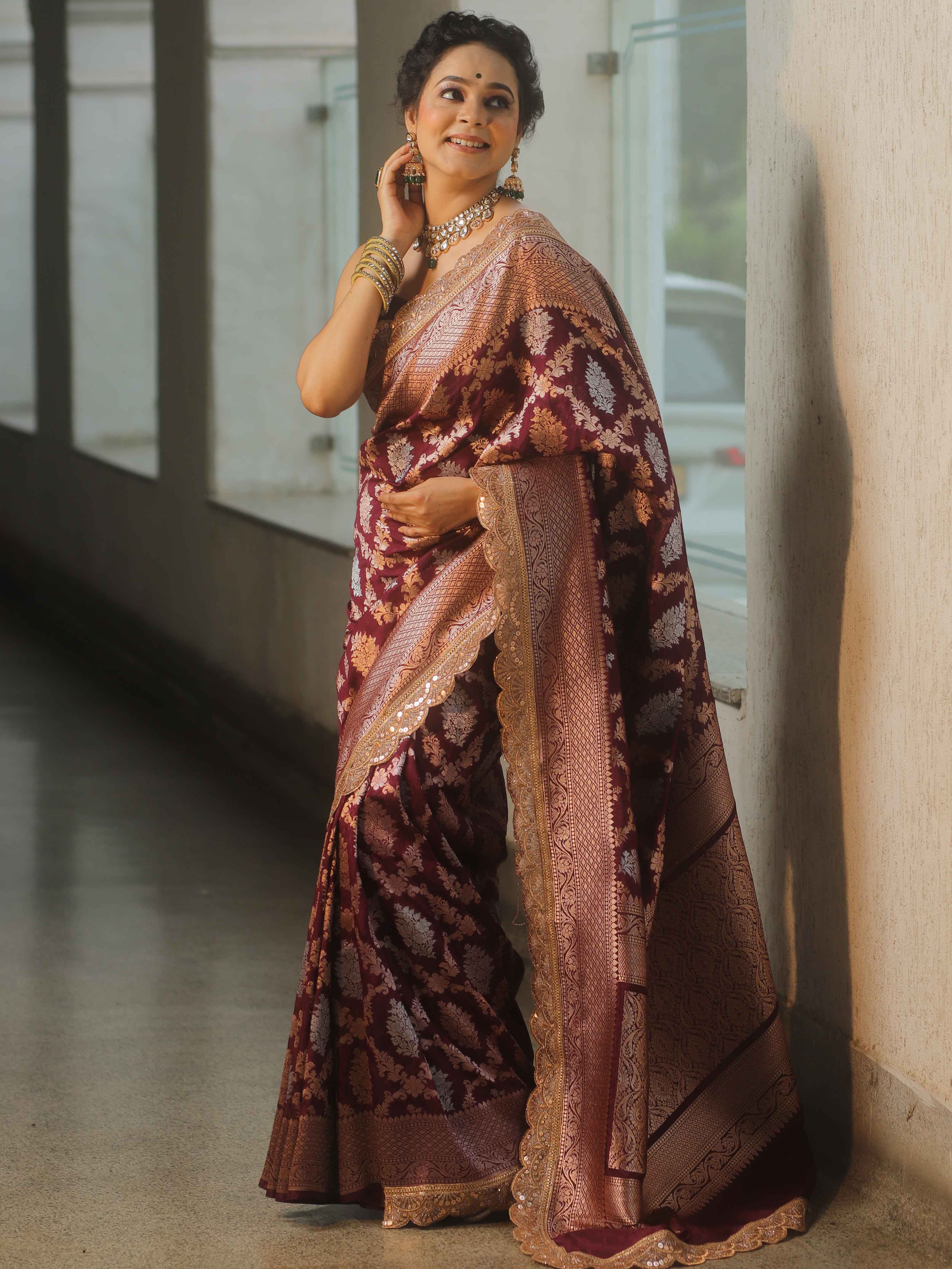 Aubergine Dots - Banarasi Silk Saree