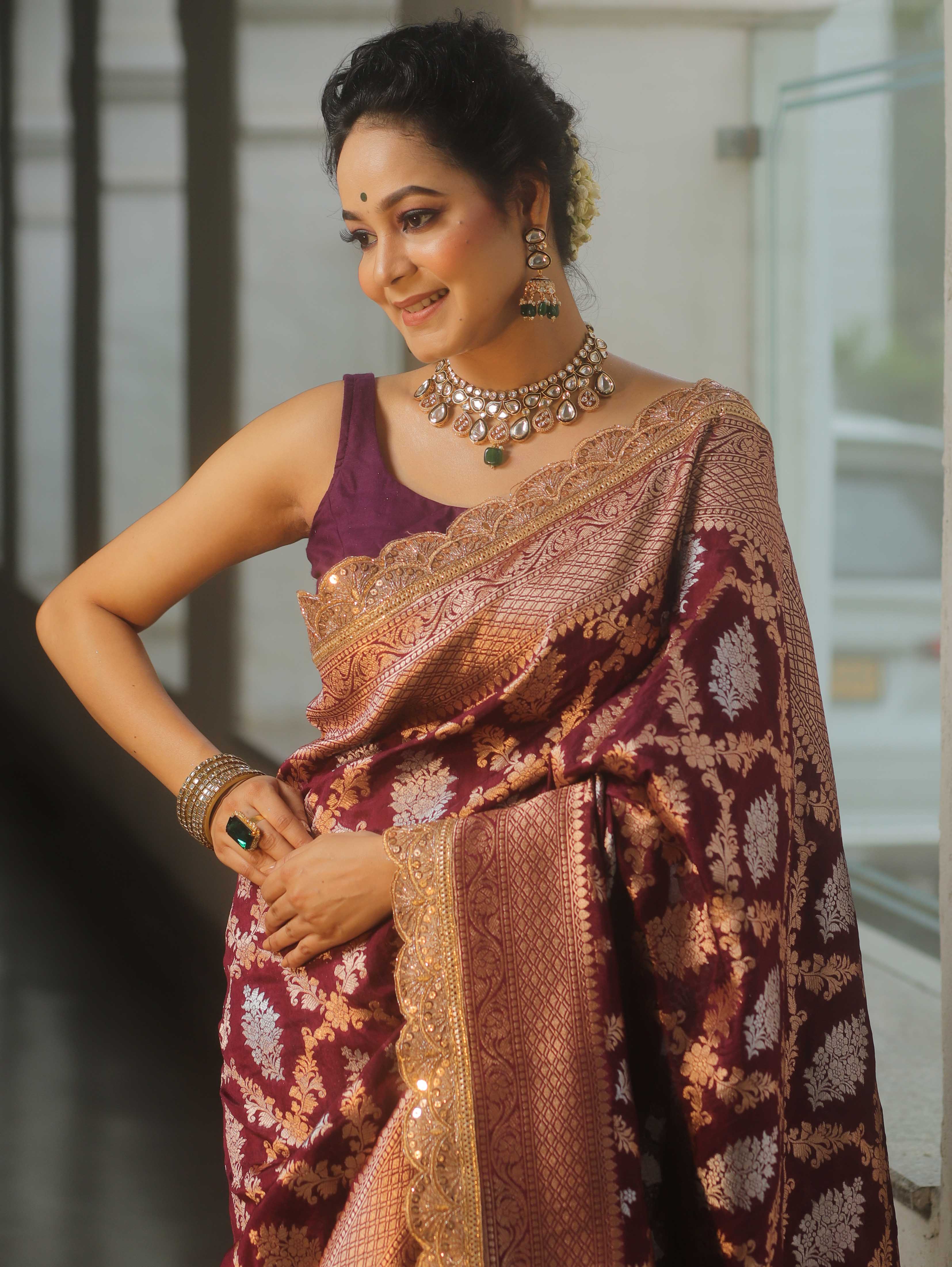 Aubergine Dots - Banarasi Silk Saree