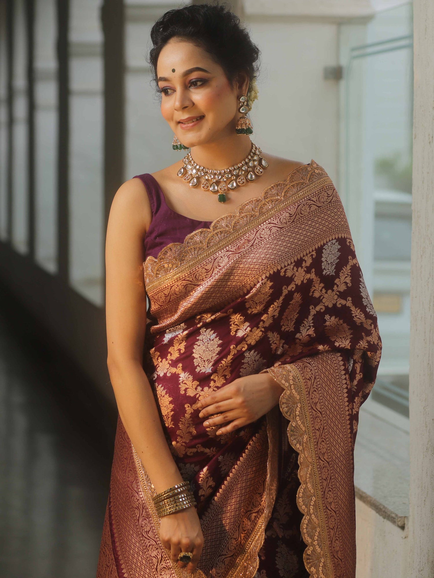 Aubergine Dots - Banarasi Silk Saree