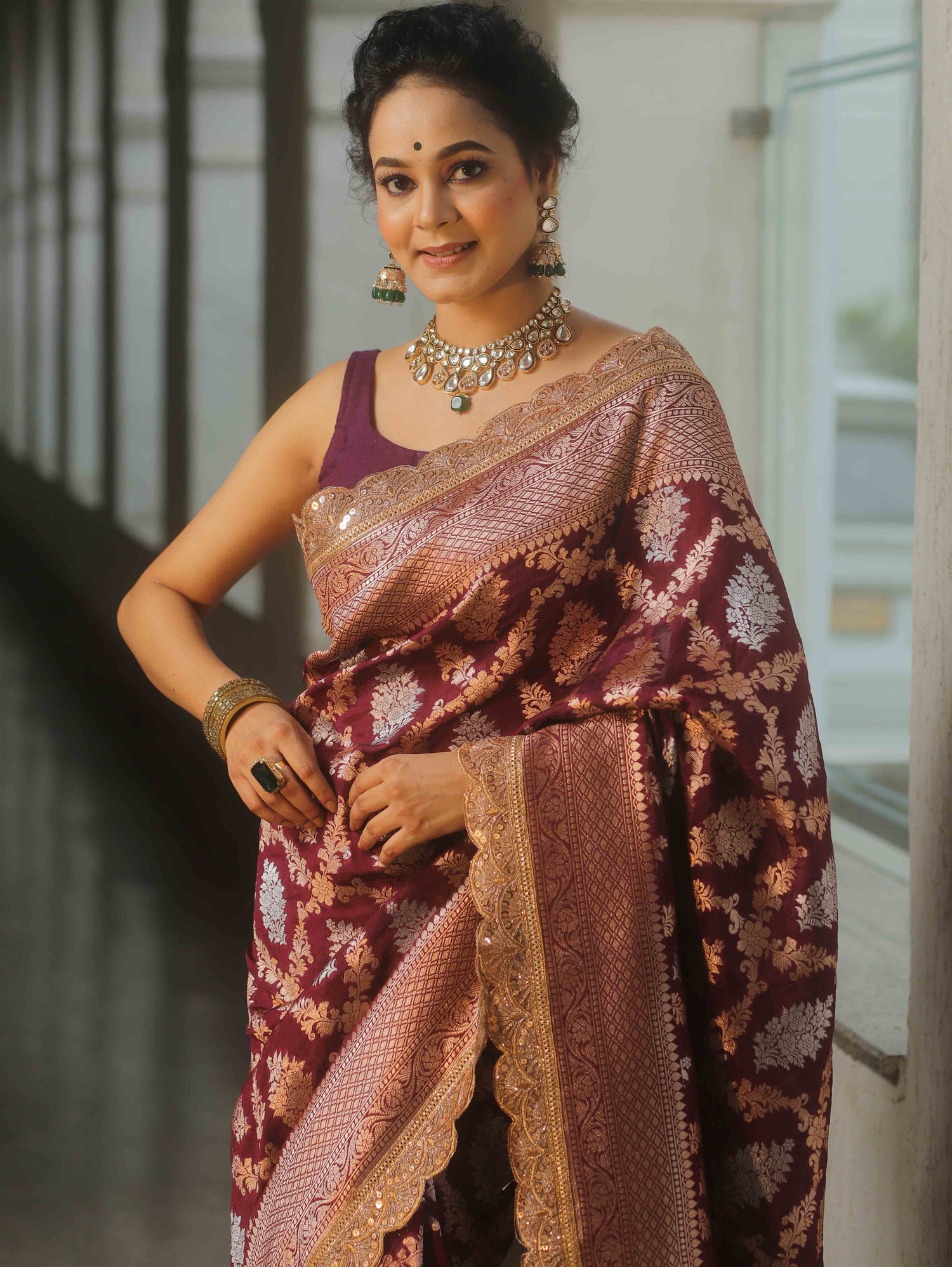 Aubergine Dots - Banarasi Silk Saree