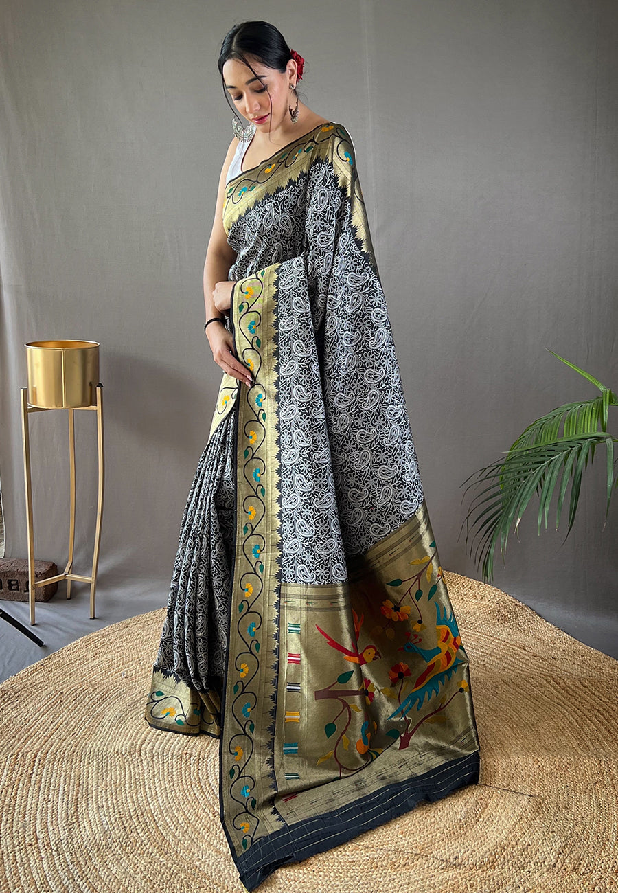 Black Parvati Lucknowi Paithani Silk Saree