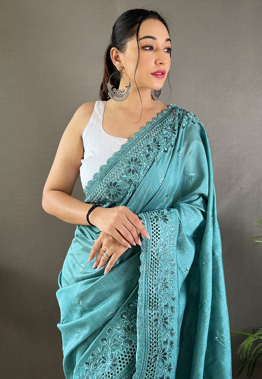 Blue Amaira Tussar Silk Embroidered Saree