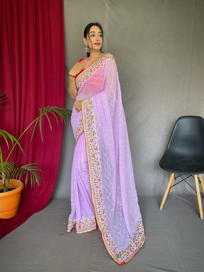 1 MIN Ready to wear Georgette Sequins Designer Saree Lavender-SQ2-Premium