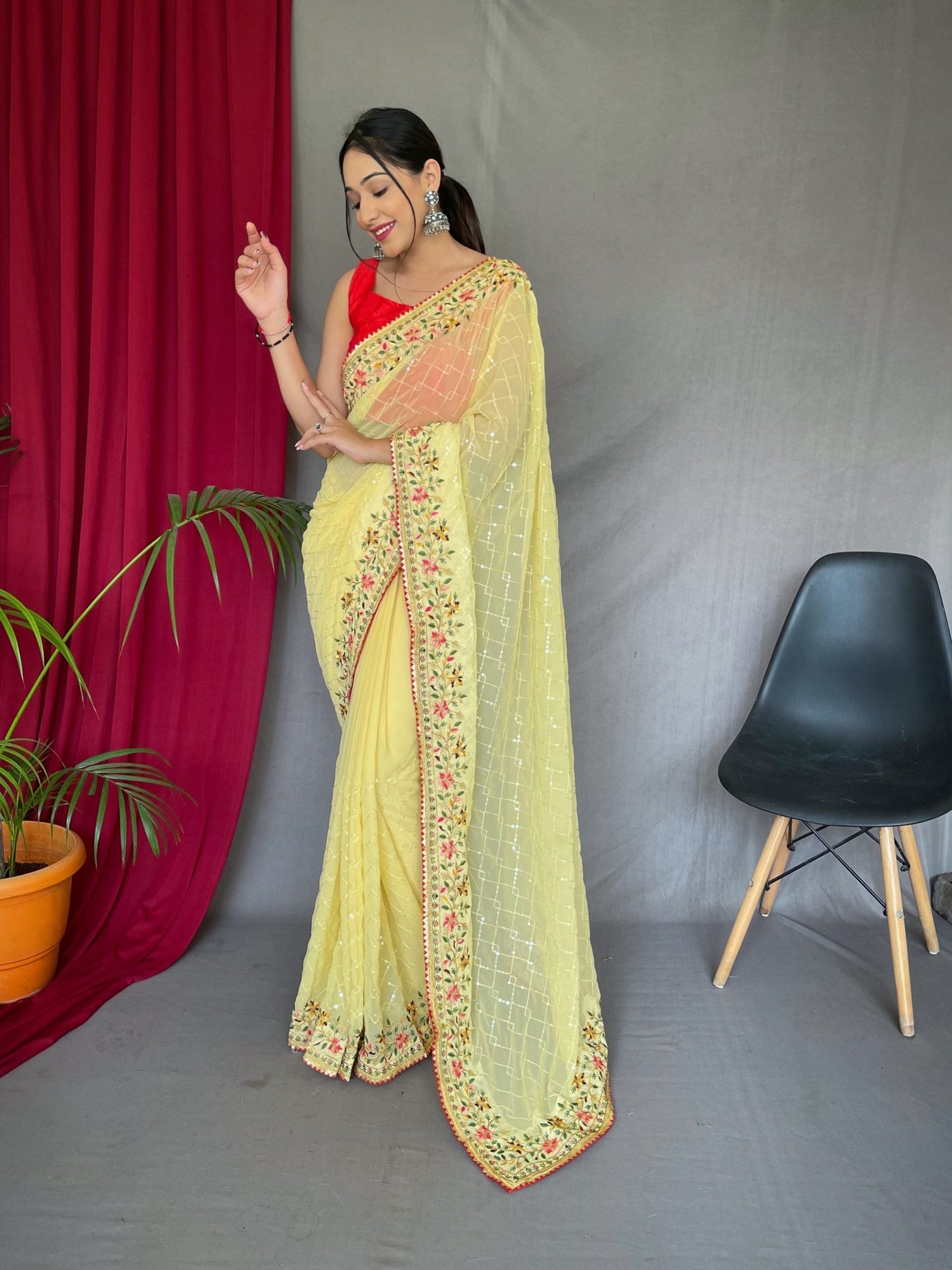 1 MIN Ready to wear Georgette Sequins Designer Saree Yellow-SQ2-Premium