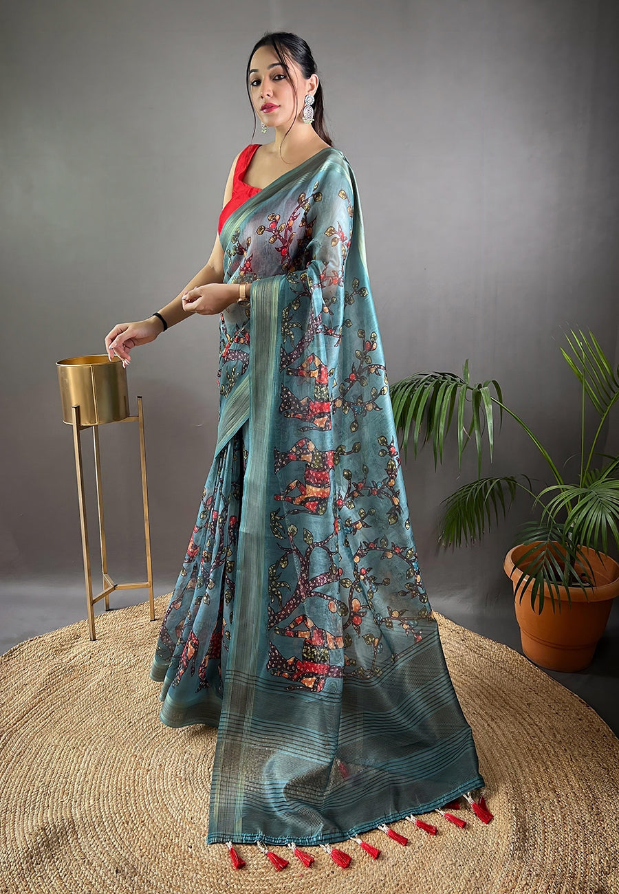 Blue Moksha Cotton Silk Kalamkari Printed Saree