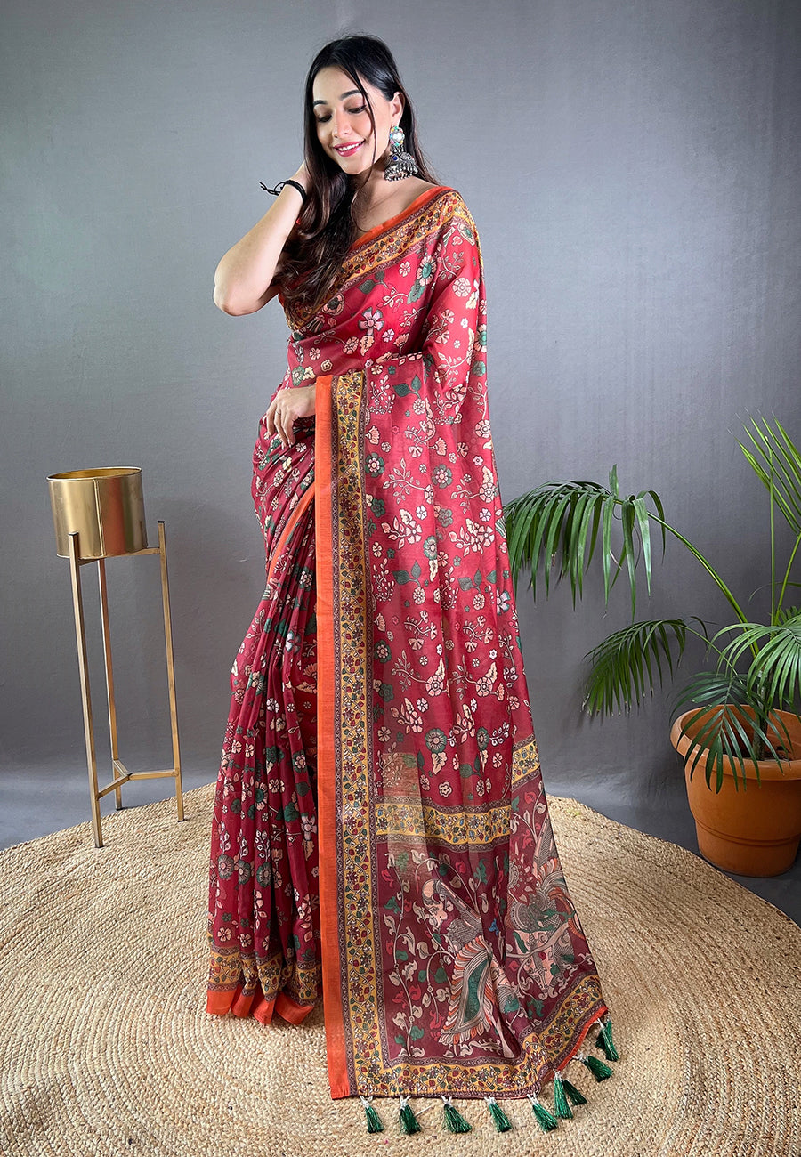 1 MIN Ready To Wear Dark Red Cotton Kalamkari Printed Saree Raksha