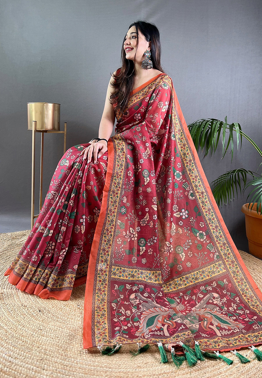 1 MIN Ready To Wear Dark Red Cotton Kalamkari Printed Saree Raksha