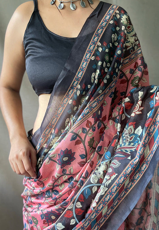 1 MIN Ready To Wear Cotton Kalamkari Printed Saree Dusty Pink