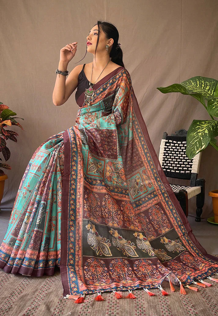 1 MIN Ready To Wear Cotton Kalamkari Printed Saree Deep Sky -Square