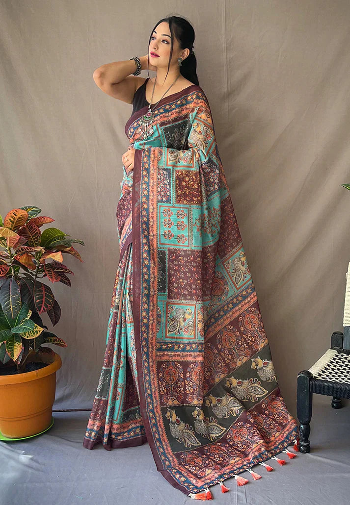 1 MIN Ready To Wear Cotton Kalamkari Printed Saree Deep Sky -Square