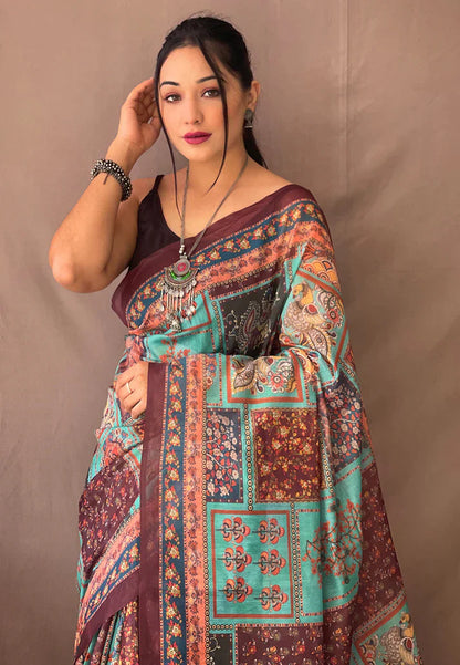 1 MIN Ready To Wear Cotton Kalamkari Printed Saree Deep Sky -Square