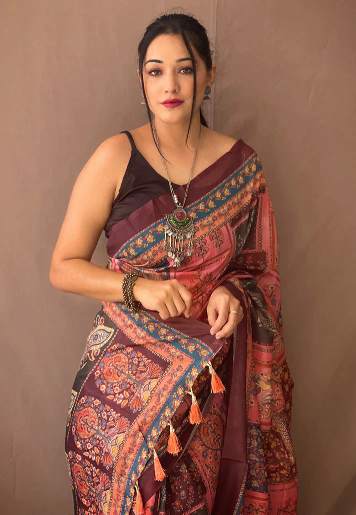 1 MIN Ready To Wear Cotton Kalamkari Printed Saree Deep Pink -Square