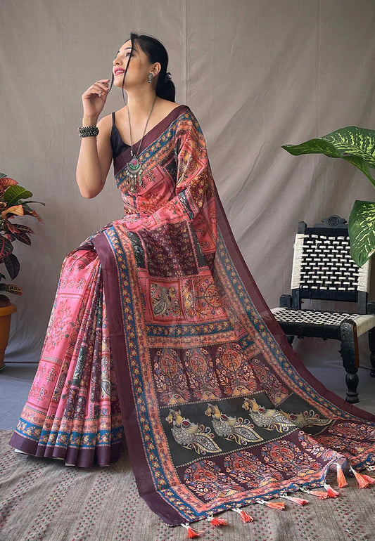 1 MIN Ready To Wear Cotton Kalamkari Printed Saree Deep Pink -Square