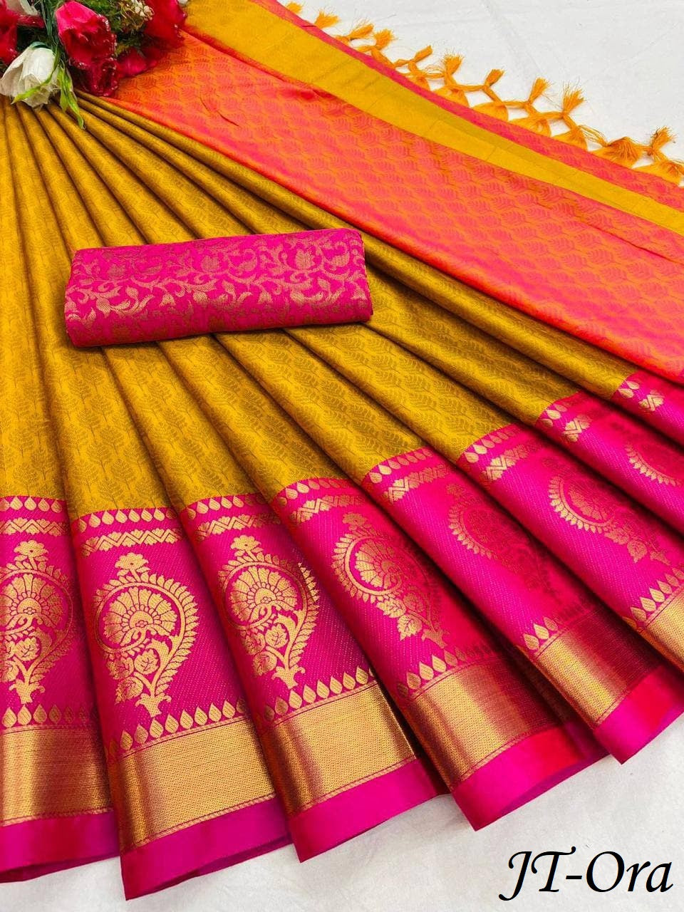 Nari Yellow-Pink Cotton Silk Saree