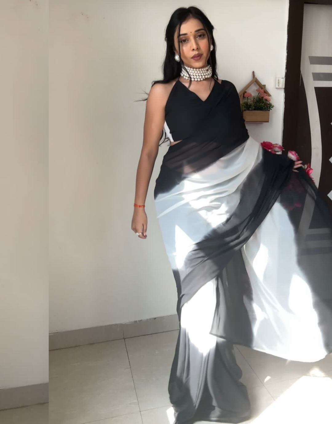 Jeel White-Black Ready To Wear Soft Silk Saree