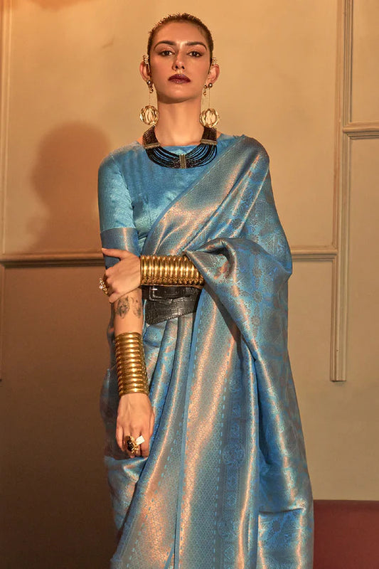 Metallic Blue Tanya Kanjivaram Silk Saree