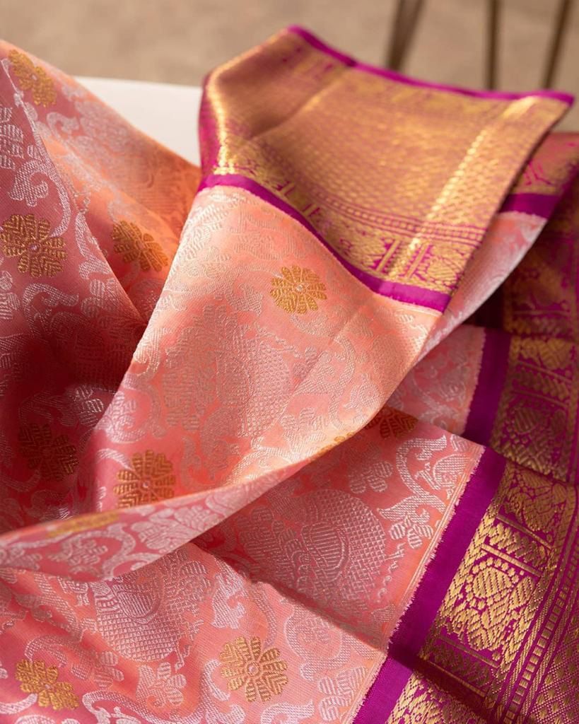 Bulbul Peach Kanchipuram silk sari With Suitable Attached Blouse