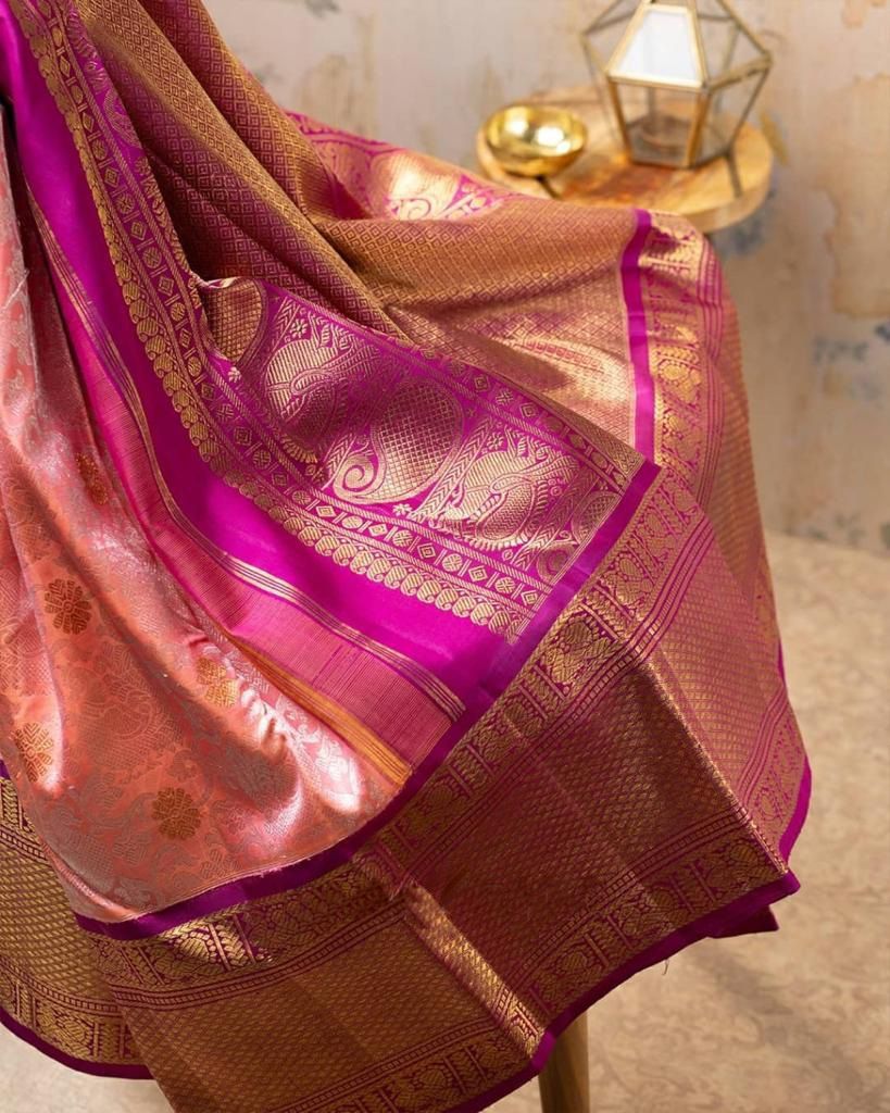 Bulbul Peach Kanchipuram silk sari With Suitable Attached Blouse